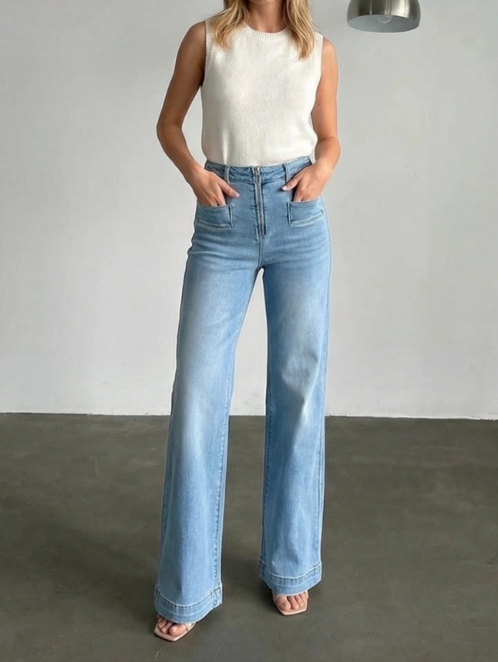 #97956 🛑 1,3,5,7,9 Light Blue High Rise Front Pocket Flare Jeans